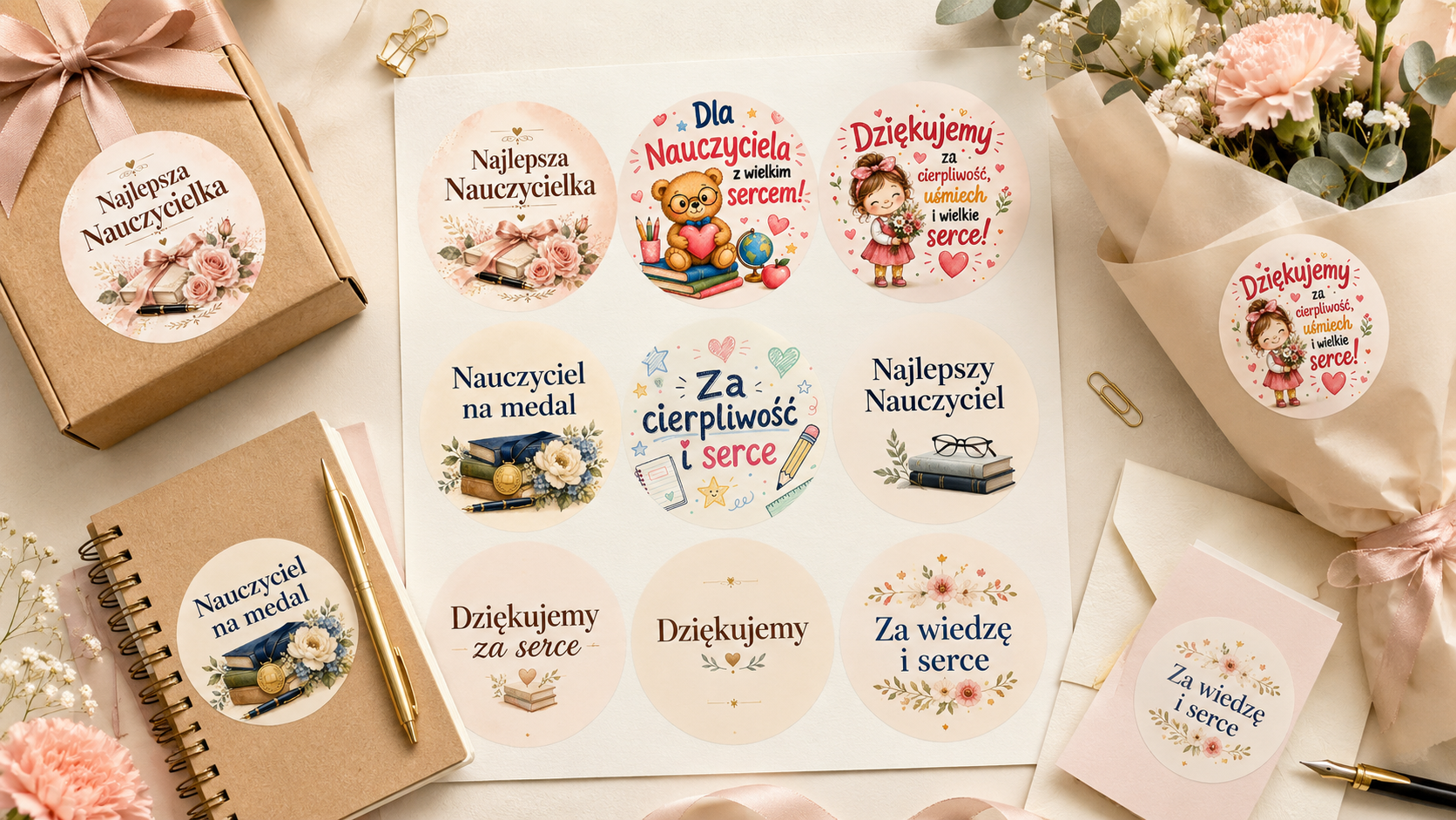 Naklejki na Dzień Nauczyciela na prezenty i podziękowania
