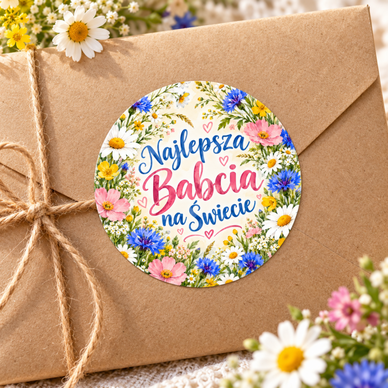 GRAFIKA-INP-NADB-03 Naklejka na Dzień Babci polne kwiaty, przykład naklejenia na opakowaniu