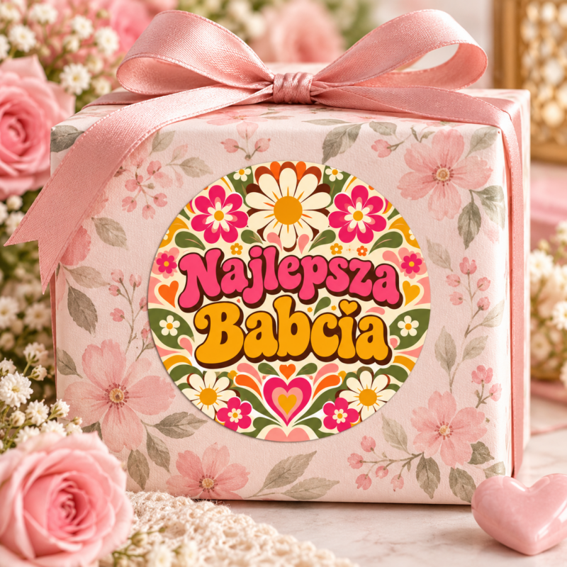GRAFIKA-INP-NADB-10 Naklejka na Dzień Babci kwiaty w stylu retro, przykład naklejenia na opakowaniu