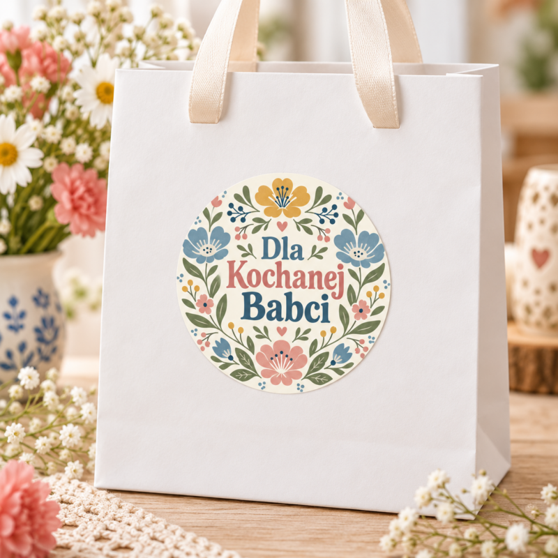 GRAFIKA-INP-NADB-12 Naklejka na Dzień Babci ludowe kwiaty w pastelach, przykład naklejenia na opakowaniu