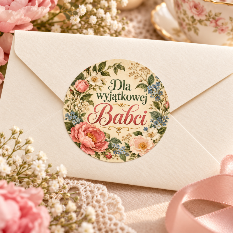 Naklejka na Dzień Babci vintage róże i niezapominajki, przykład naklejenia na opakowaniu