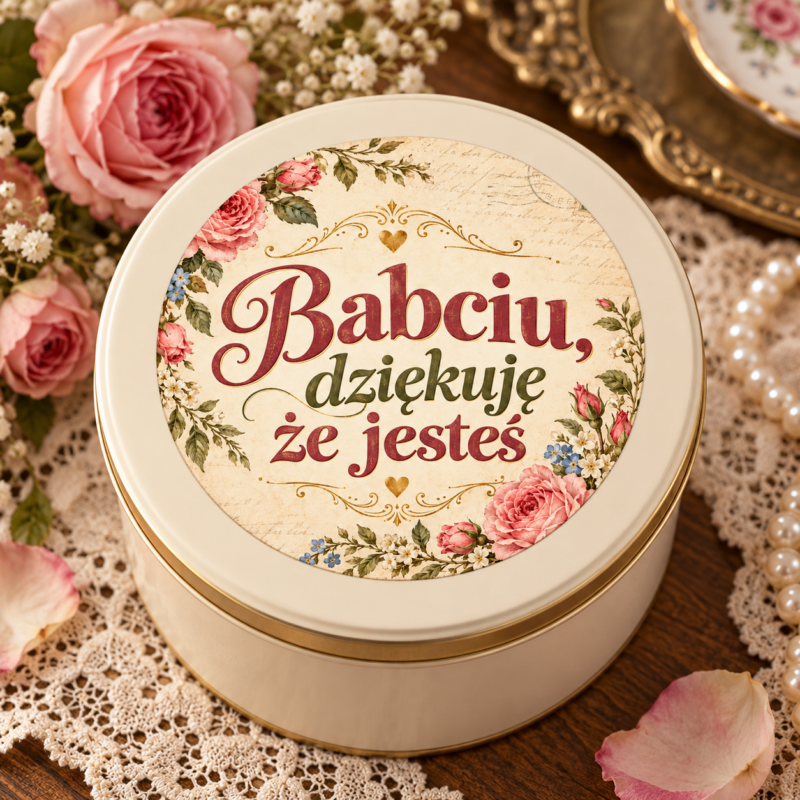 Naklejka na Dzień Babci vintage list i róże, przykład naklejenia na opakowaniu