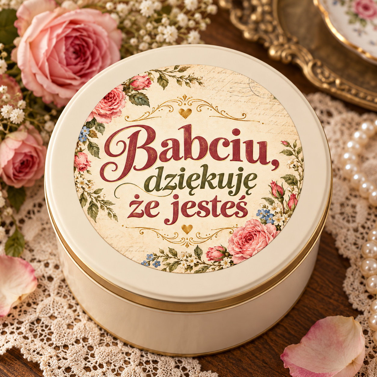 Naklejka na Dzień Babci vintage list i róże, przykład naklejenia na opakowaniu
