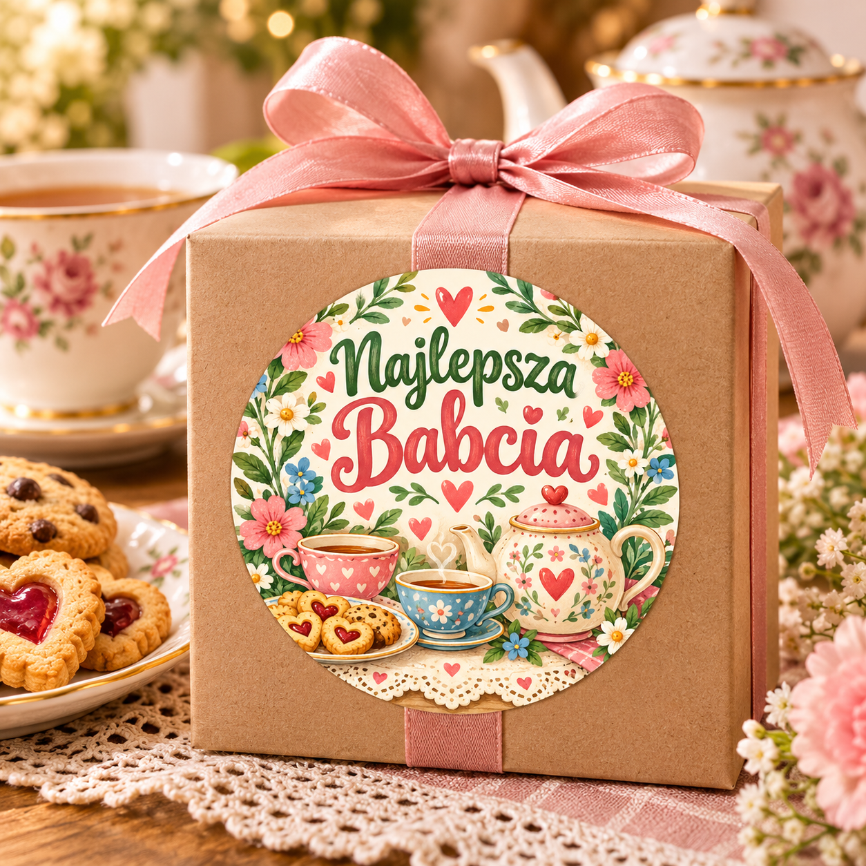 Naklejka na Dzień Babci herbatka i ciasteczka, przykład naklejenia na opakowaniu