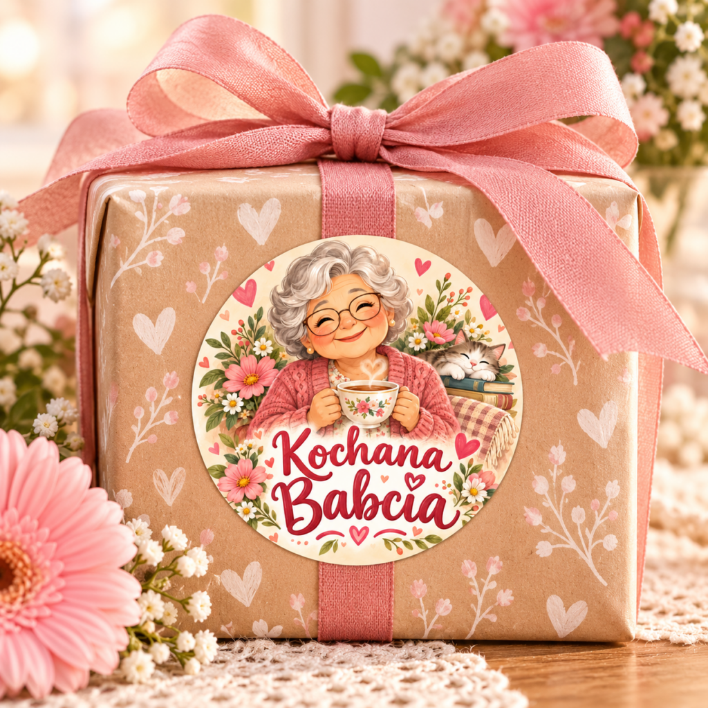 Naklejka na Dzień Babci z babcią pijącą herbatę i kotem