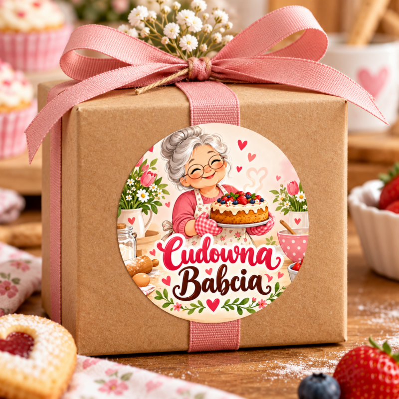 GRAFIKA-INP-NADB-28 Naklejka na Dzień Babci babcia z ciastem, przykład naklejenia na opakowaniu