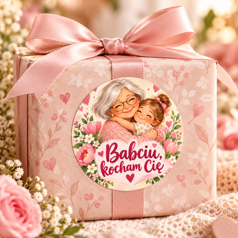 GRAFIKA-INP-NADB-30 Naklejka na Dzień Babci babcia z wnuczką, przykład naklejenia na opakowaniu