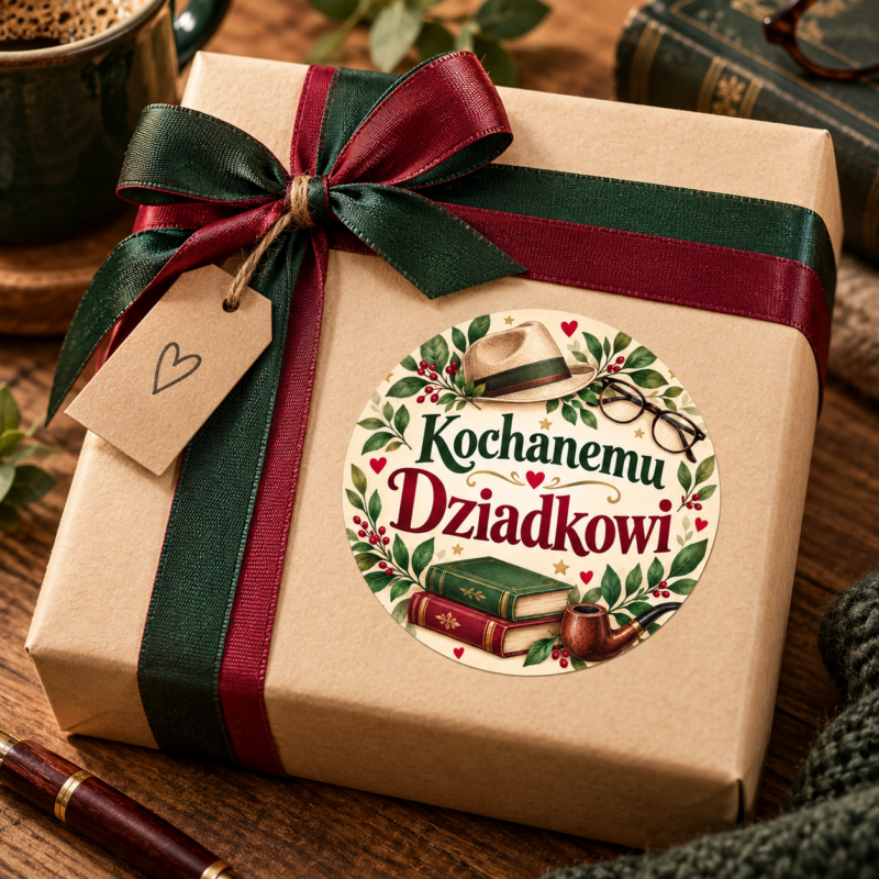 Naklejka na Dzień Dziadka kapelusz, okulary i książki, przykład naklejenia na opakowaniu
