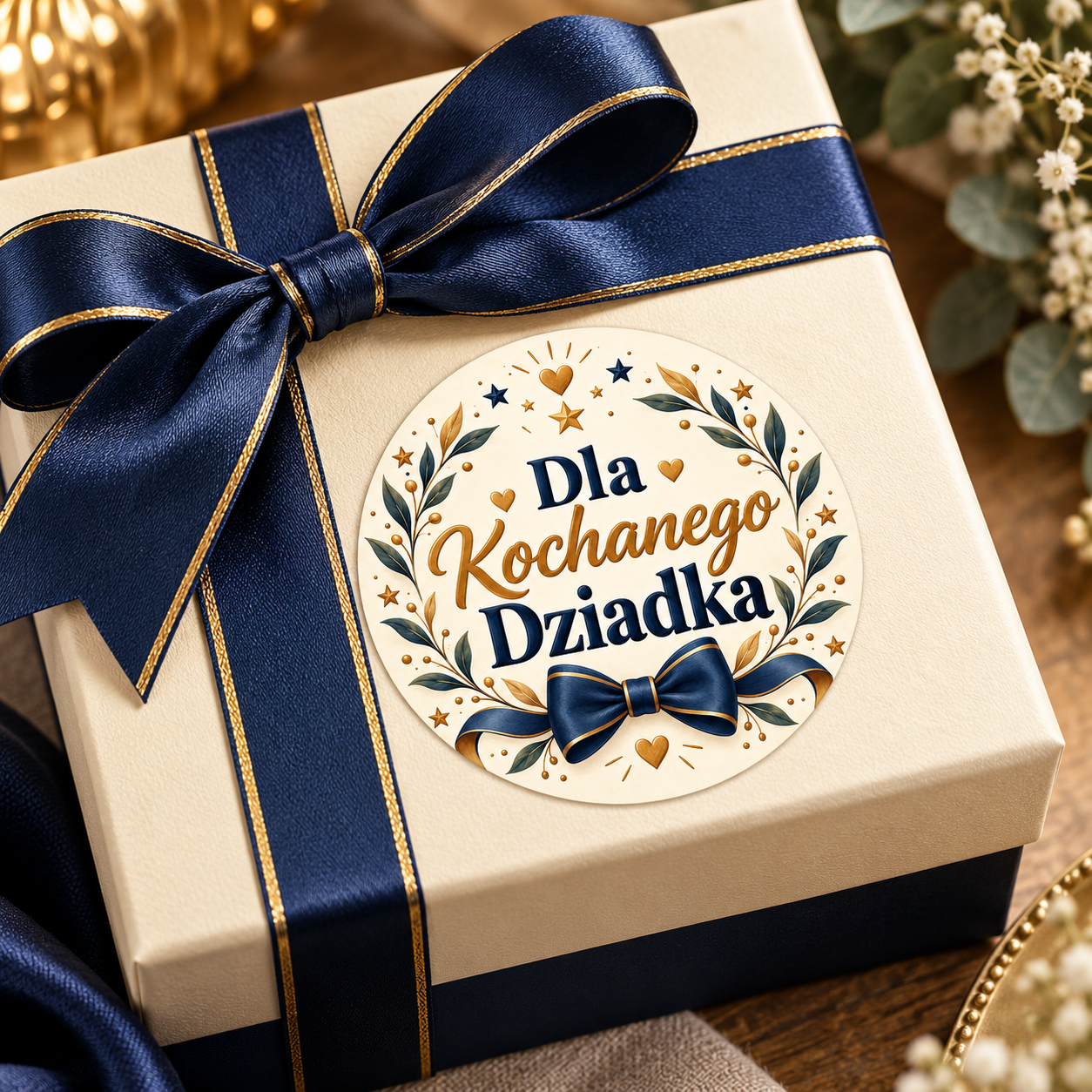 Naklejka na Dzień Dziadka granatowa muszka i złote gałązki, przykład naklejenia na opakowaniu