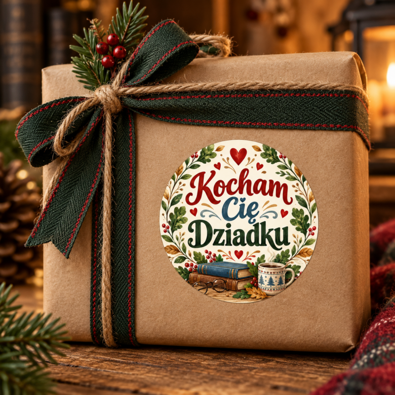 Naklejka na Dzień Dziadka książki i kubek z gorącym napojem, przykład naklejenia na opakowaniu