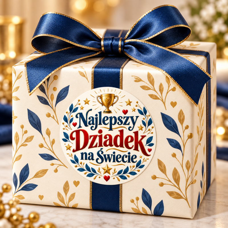 Naklejka na Dzień Dziadka złoty puchar i gwiazdki, przykład naklejenia na opakowaniu