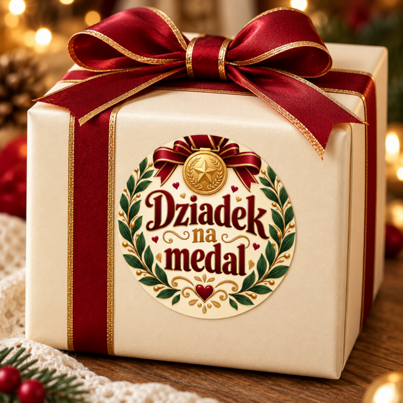 Naklejka na Dzień Dziadka złoty medal i wieniec laurowy, przykład naklejenia na opakowaniu