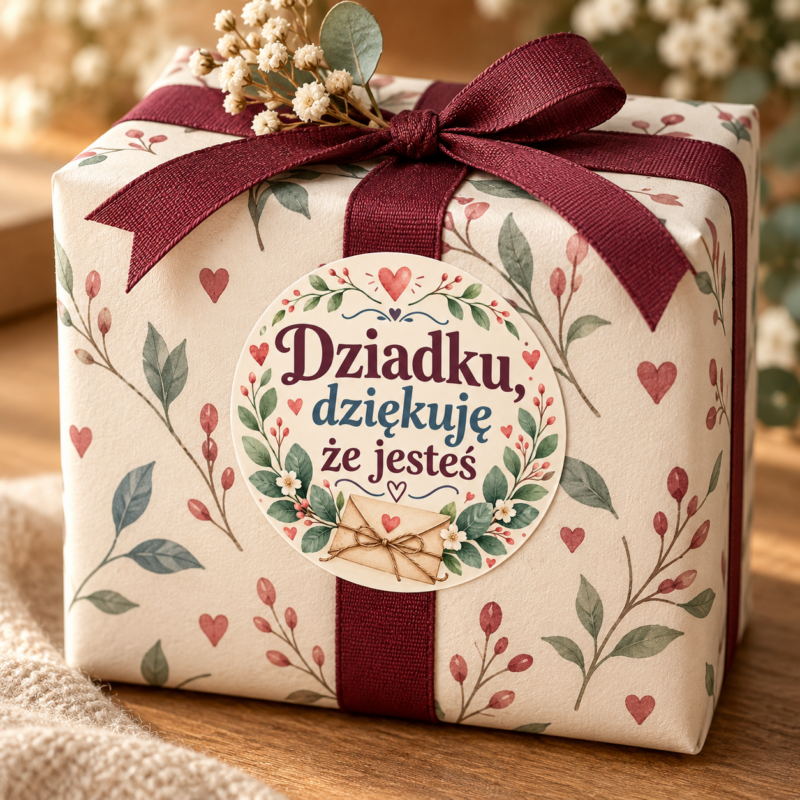Naklejka na Dzień Dziadka list przewiązany sznurkiem, przykład naklejenia na opakowaniu