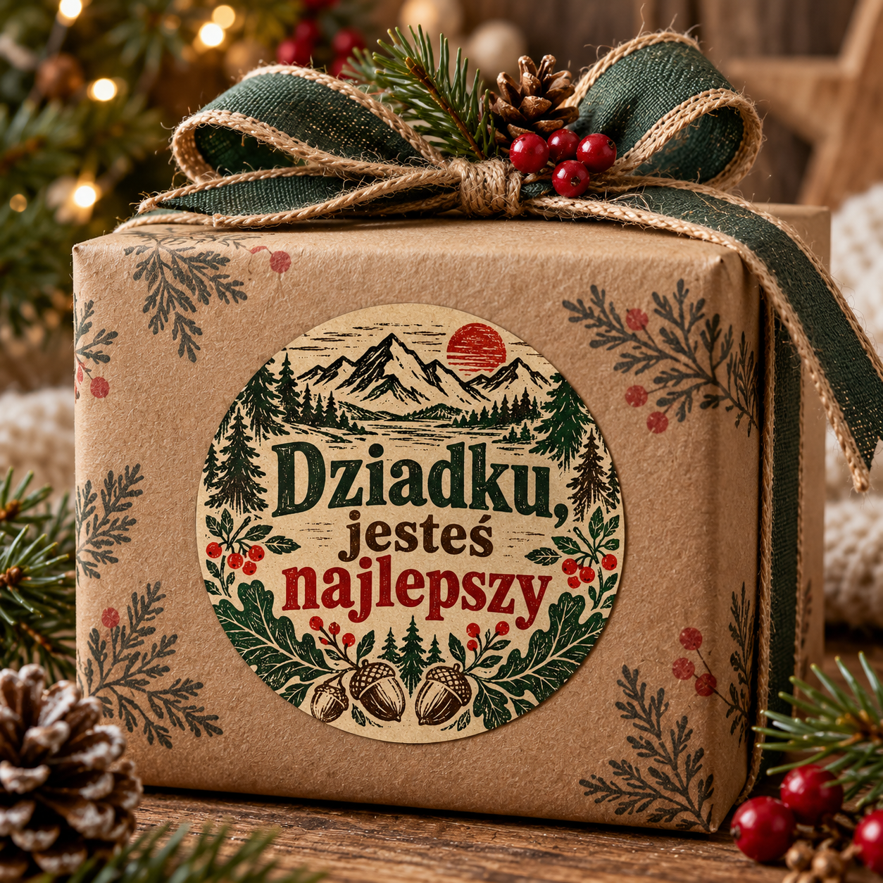 Naklejka na Dzień Dziadka góry, las i żołędzie, przykład naklejenia na opakowaniu