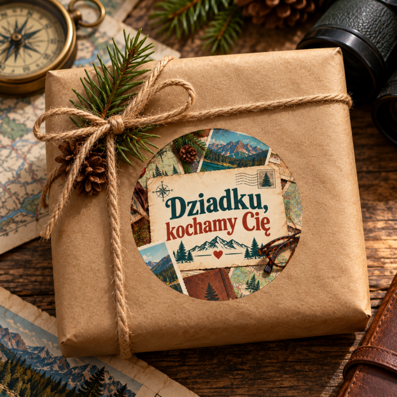Naklejka na Dzień Dziadka pocztówki z gór i kompas, przykład naklejenia na opakowaniu