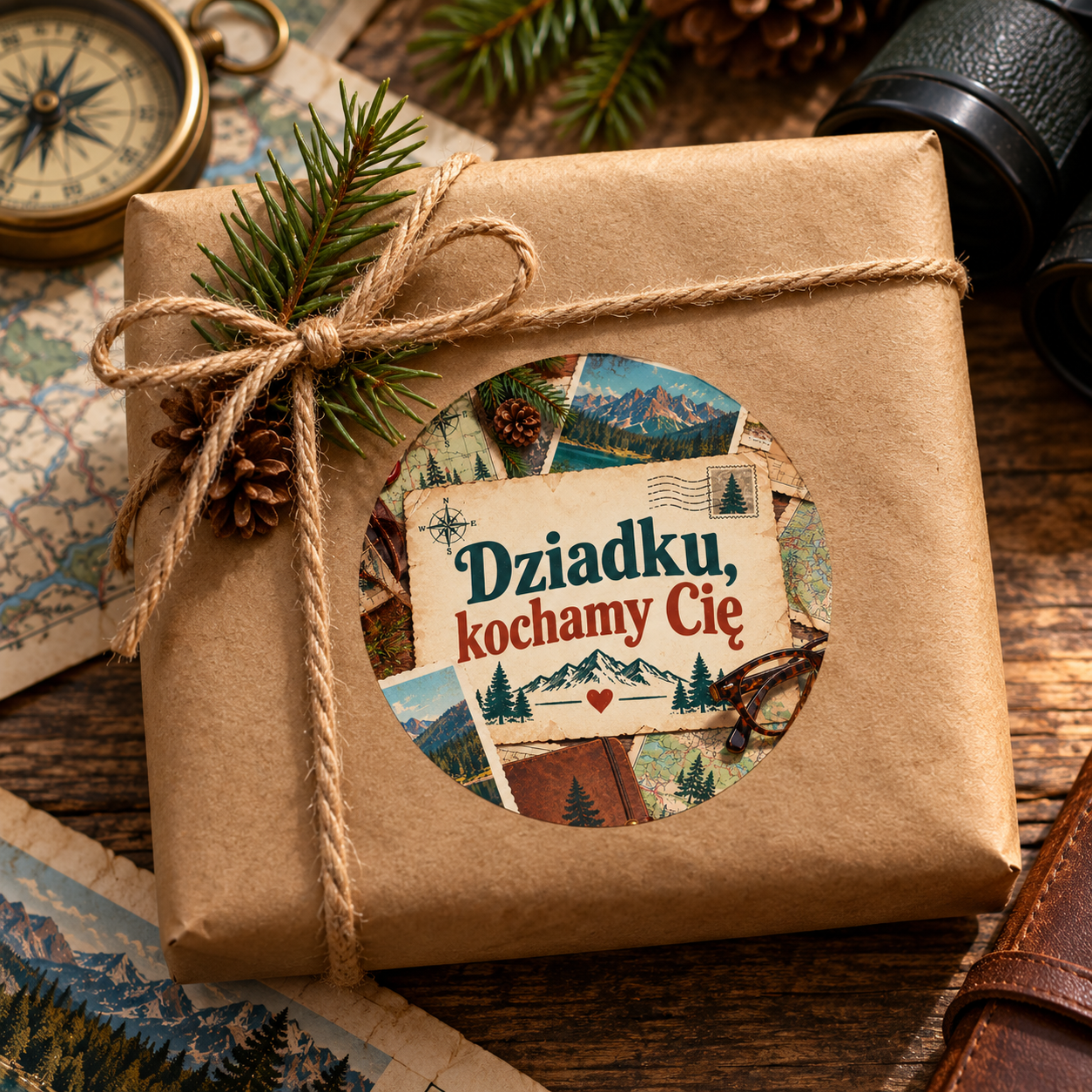 Naklejka na Dzień Dziadka pocztówki z gór i kompas, przykład naklejenia na opakowaniu