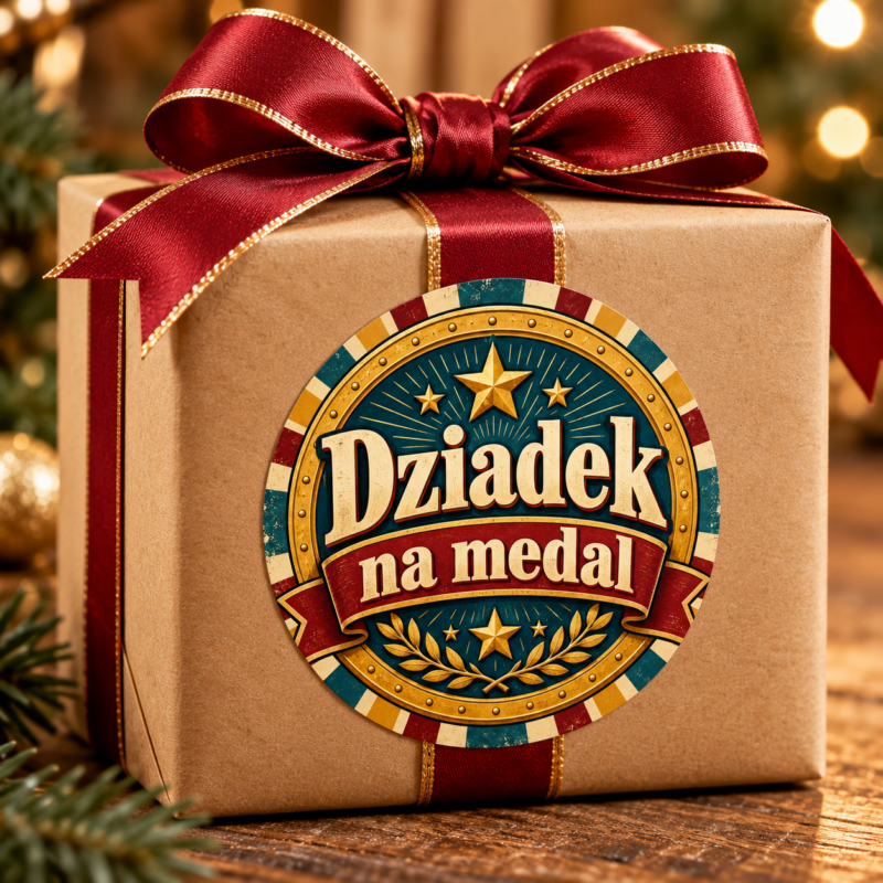 Naklejka na Dzień Dziadka retro odznaka ze złotymi gwiazdami, przykład naklejenia na opakowaniu