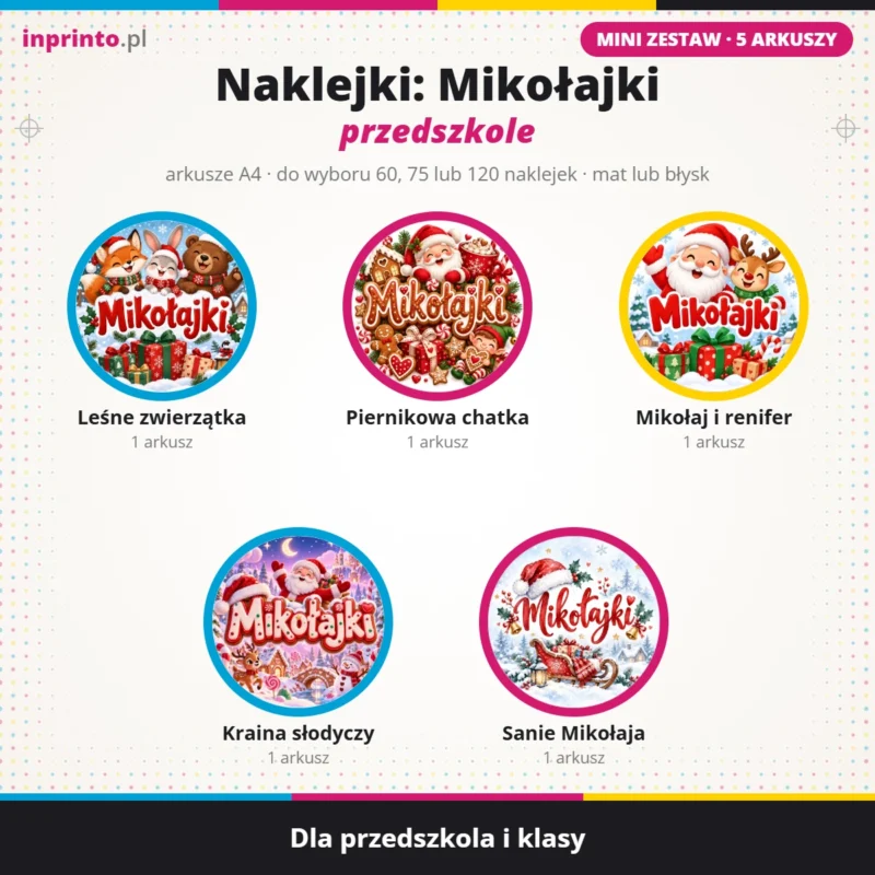 zestaw naklejek na Mikołajki mini dla przedszkola i klasy 5 arkuszy