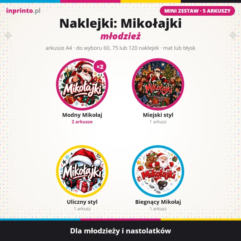 zestaw naklejek na Mikołajki mini dla młodzieży 5 arkuszy