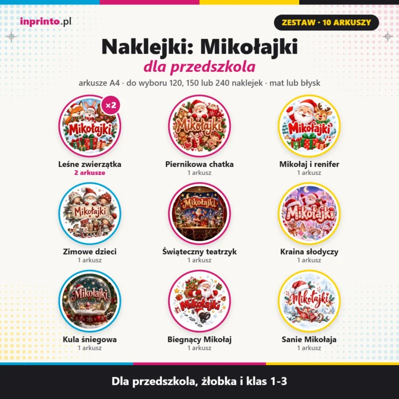 zestaw naklejek na Mikołajki dla przedszkola i klasy 10 arkuszy