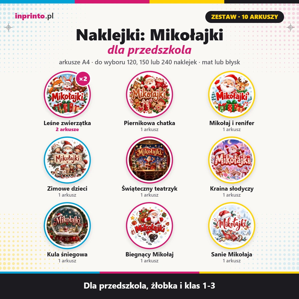 zestaw naklejek na Mikołajki dla przedszkola i klasy 10 arkuszy