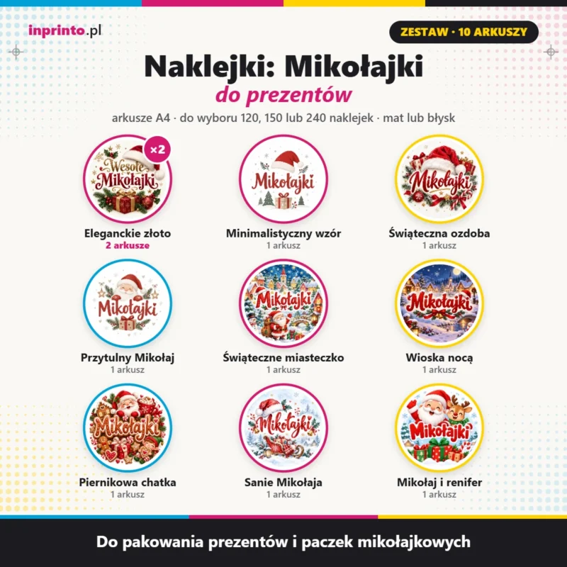 zestaw naklejek na Mikołajki do pakowania prezentów 10 arkuszy