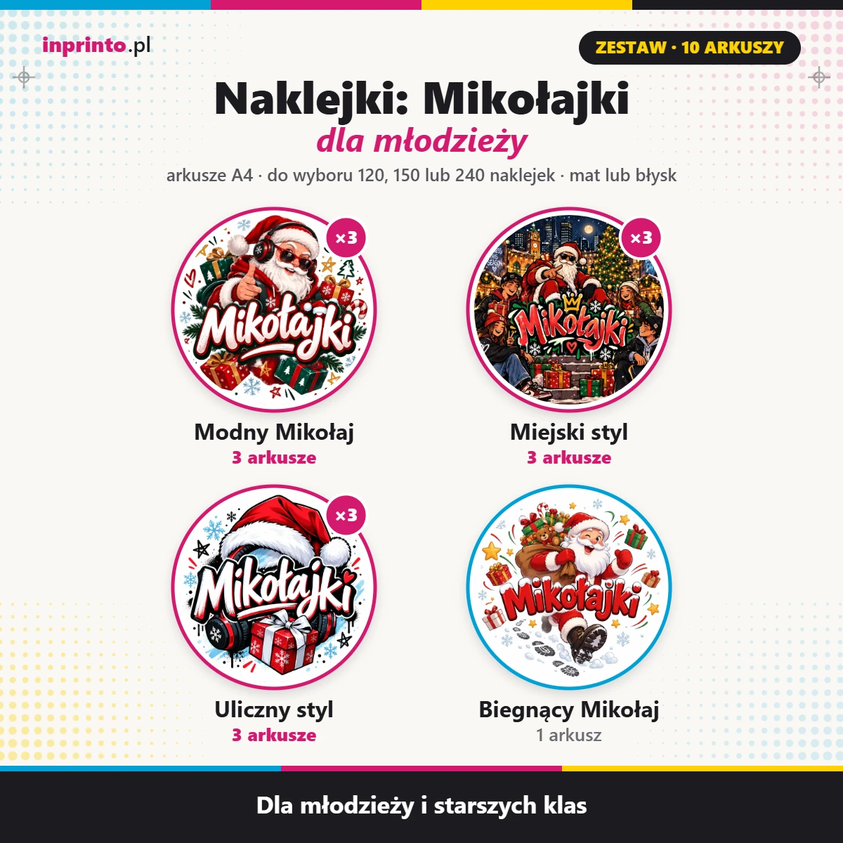 zestaw naklejek na Mikołajki dla młodzieży 10 arkuszy