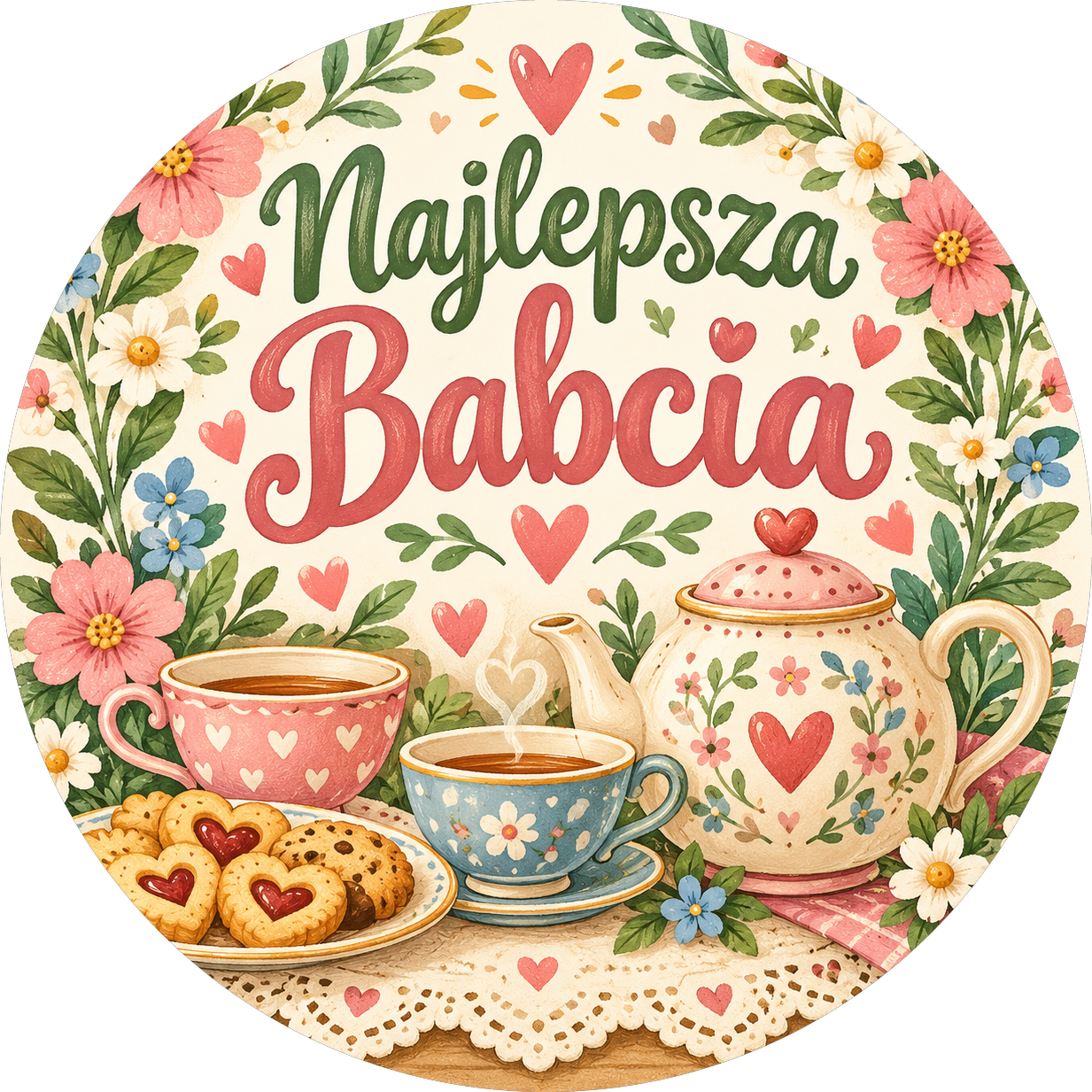 Naklejka na Dzień Babci herbatka i ciasteczka
