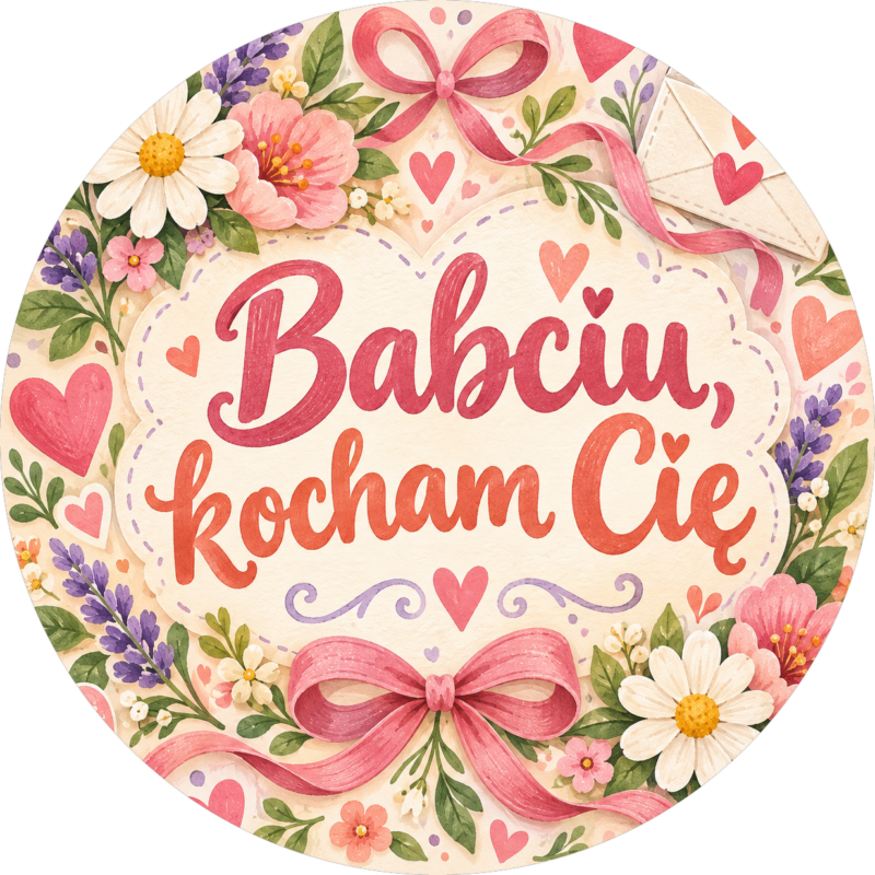 Naklejka na Dzień Babci różowa kokarda i kwiaty