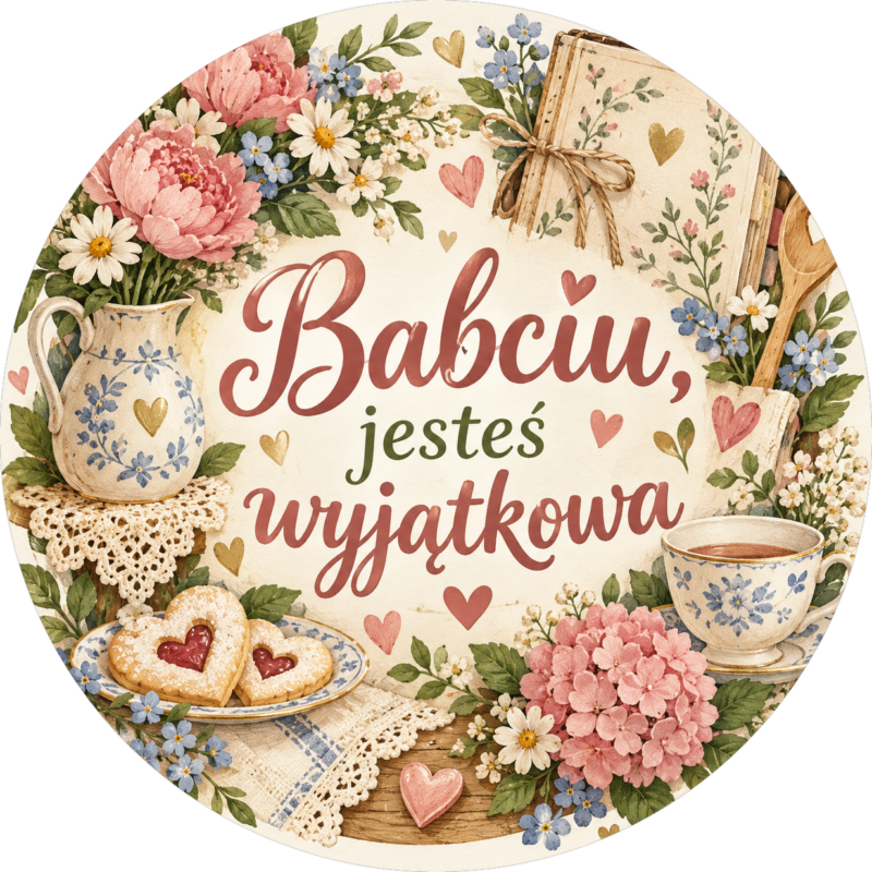 Naklejka na Dzień Babci serduszkowe ciasteczka i hortensje