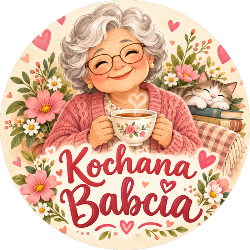 Naklejka na Dzień Babci babcia z herbatą i kotem