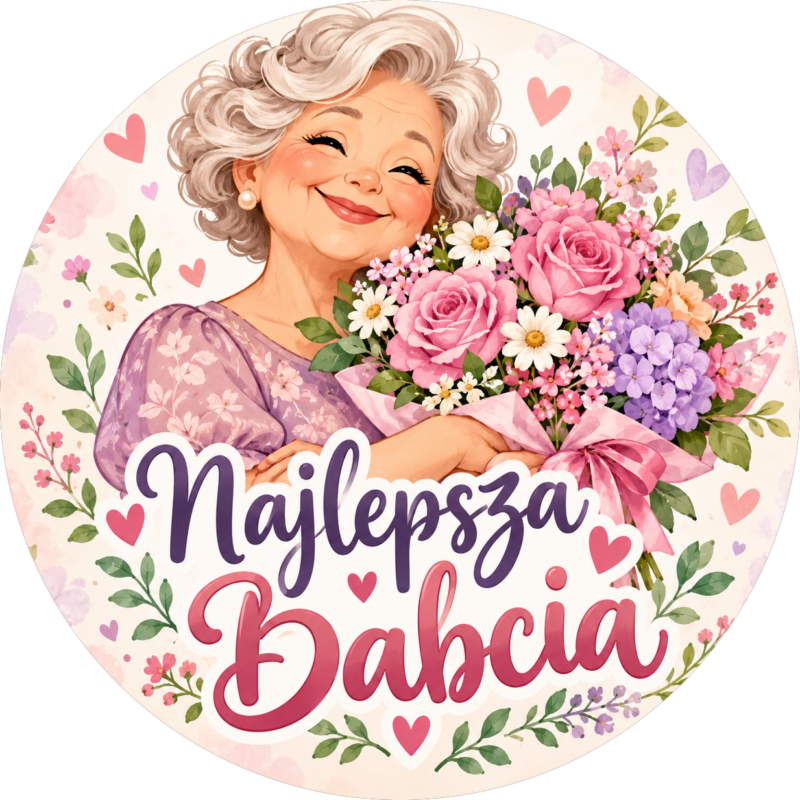 Naklejka na Dzień Babci babcia z bukietem