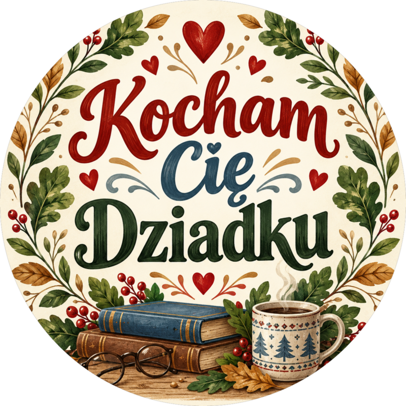 Naklejka na Dzień Dziadka książki i kubek z gorącym napojem