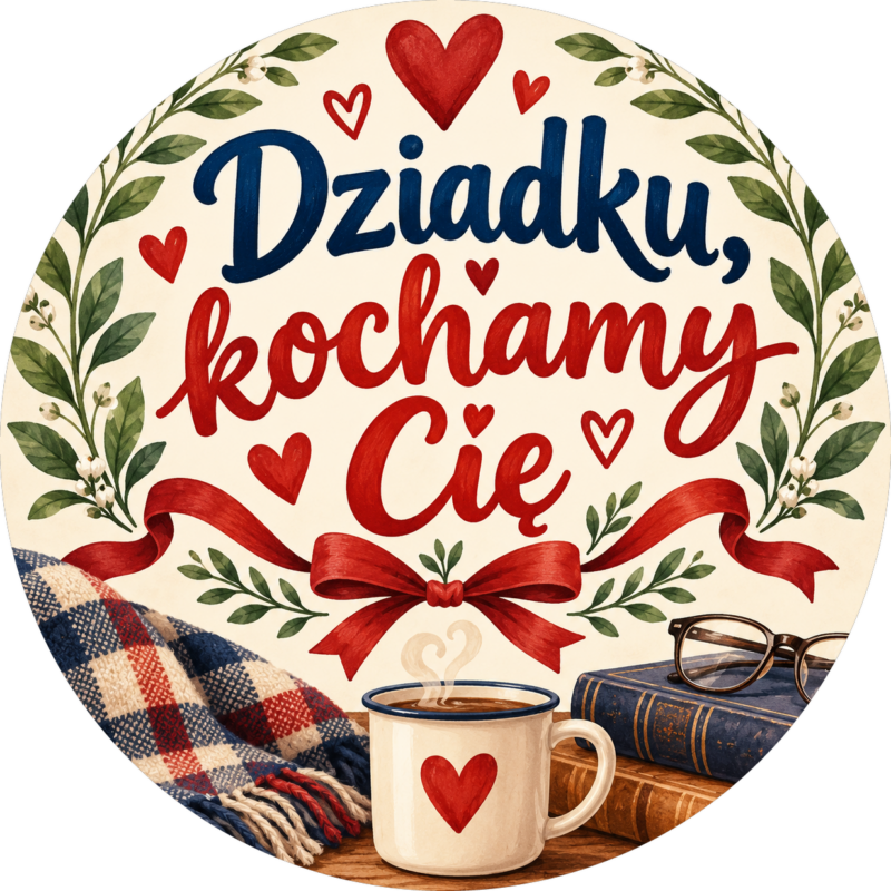 Naklejka na Dzień Dziadka kubek z sercem i kratkowy koc