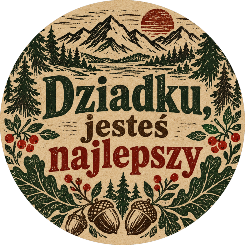 Naklejka na Dzień Dziadka góry, las i żołędzie