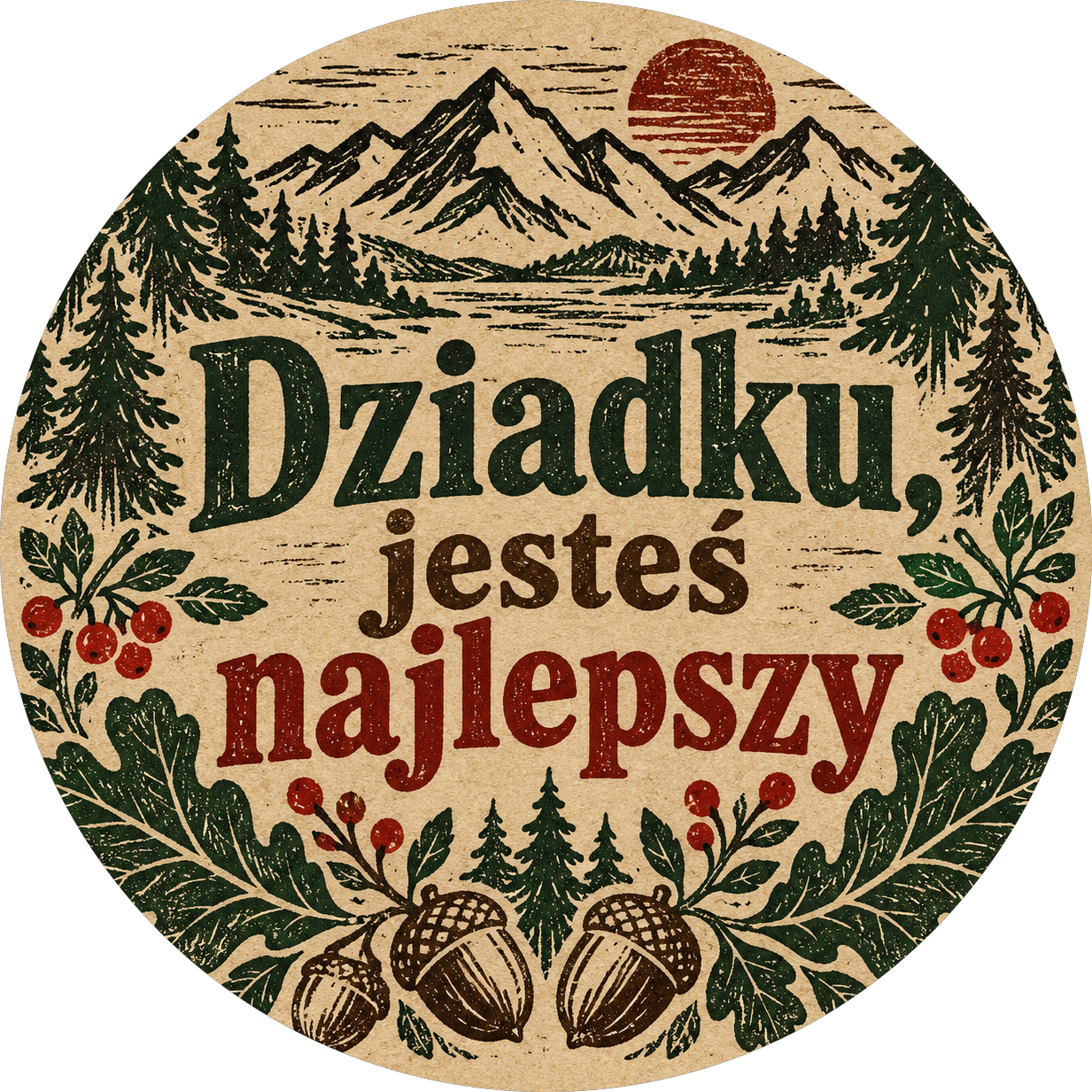 Naklejka na Dzień Dziadka góry, las i żołędzie