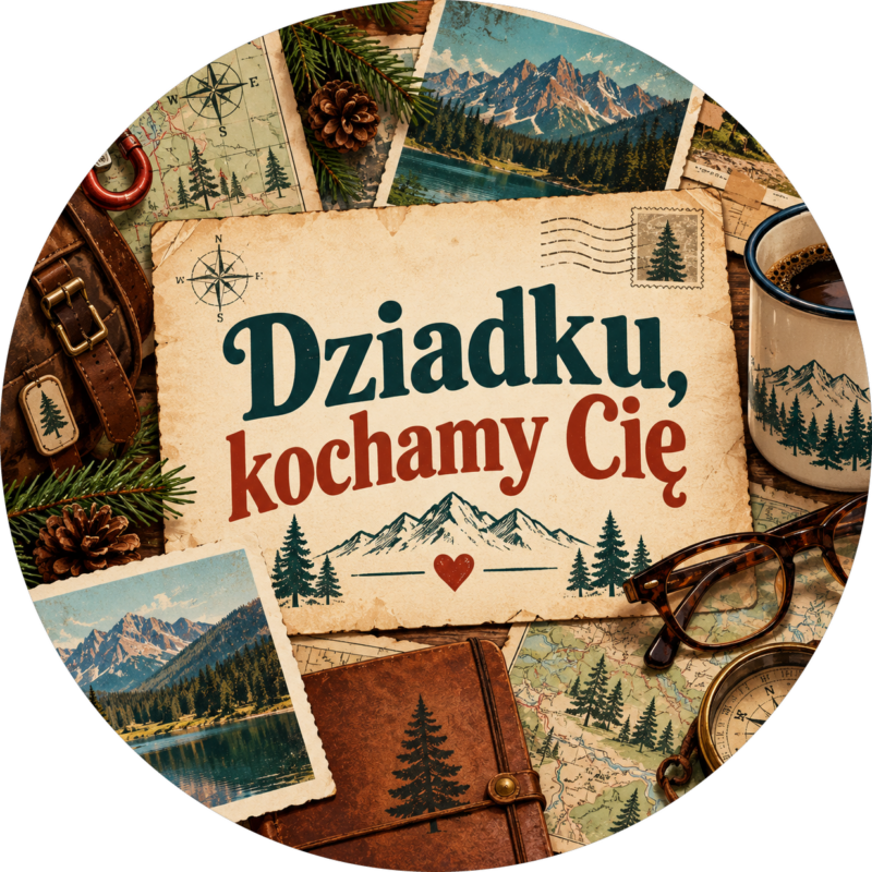 Naklejka na Dzień Dziadka pocztówki z gór i kompas