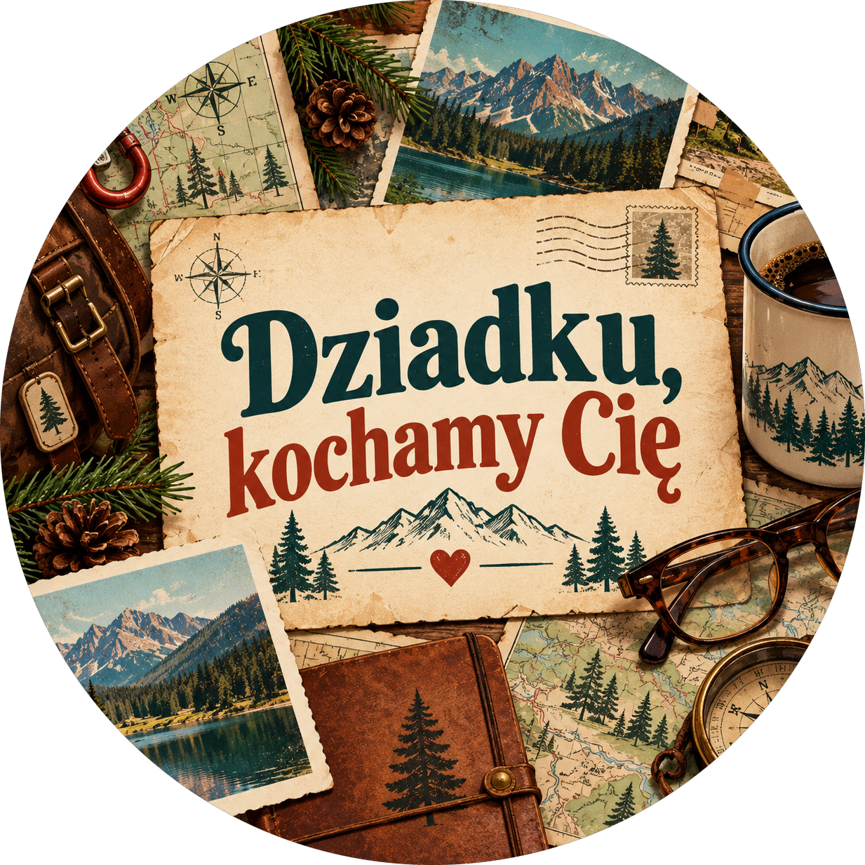 Naklejka na Dzień Dziadka pocztówki z gór i kompas