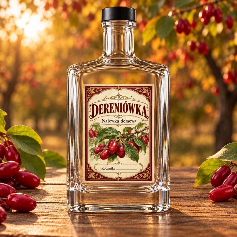 Etykieta na nalewkę Dereniówka na butelce