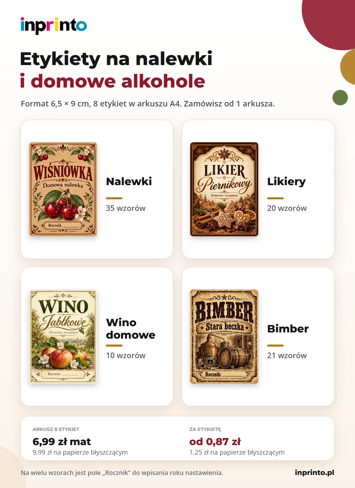 Etykiety na nalewki i domowe alkohole InPrinto: nalewki, likiery, wino i bimber, format 6,5 × 9 cm, 8 sztuk w arkuszu, od 0,87 zł za etykietę