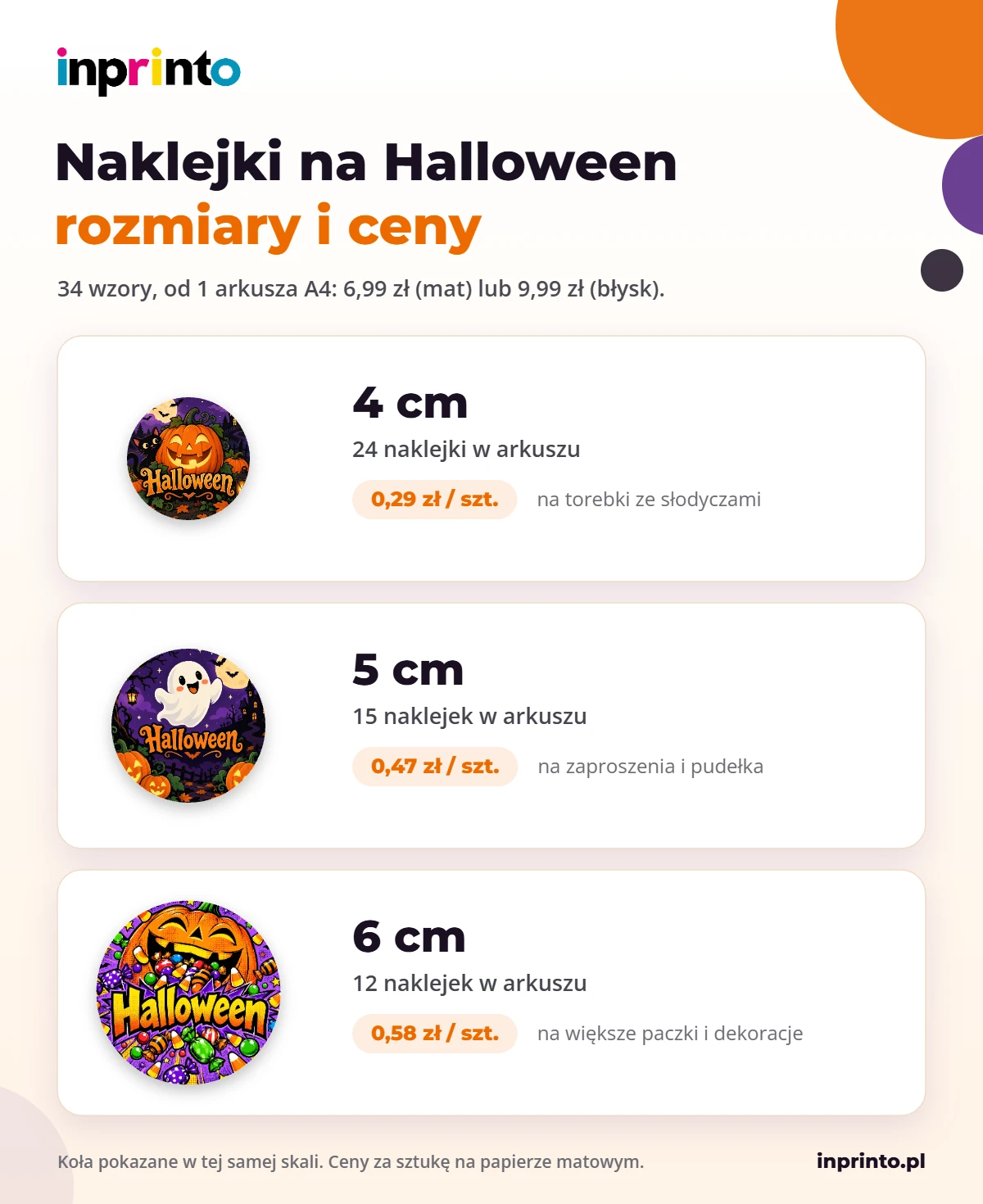 Rozmiary naklejek na Halloween InPrinto: koła 4, 5 i 6 cm, liczba sztuk w arkuszu i cena za sztukę
