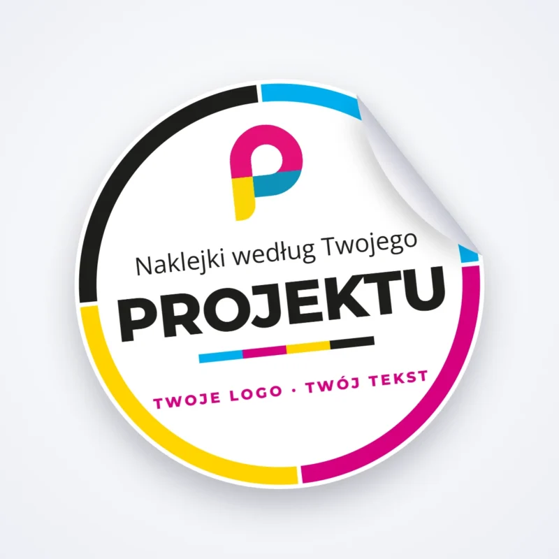 Okrągła naklejka według własnego projektu z logo InPrinto w kolorach CMYK