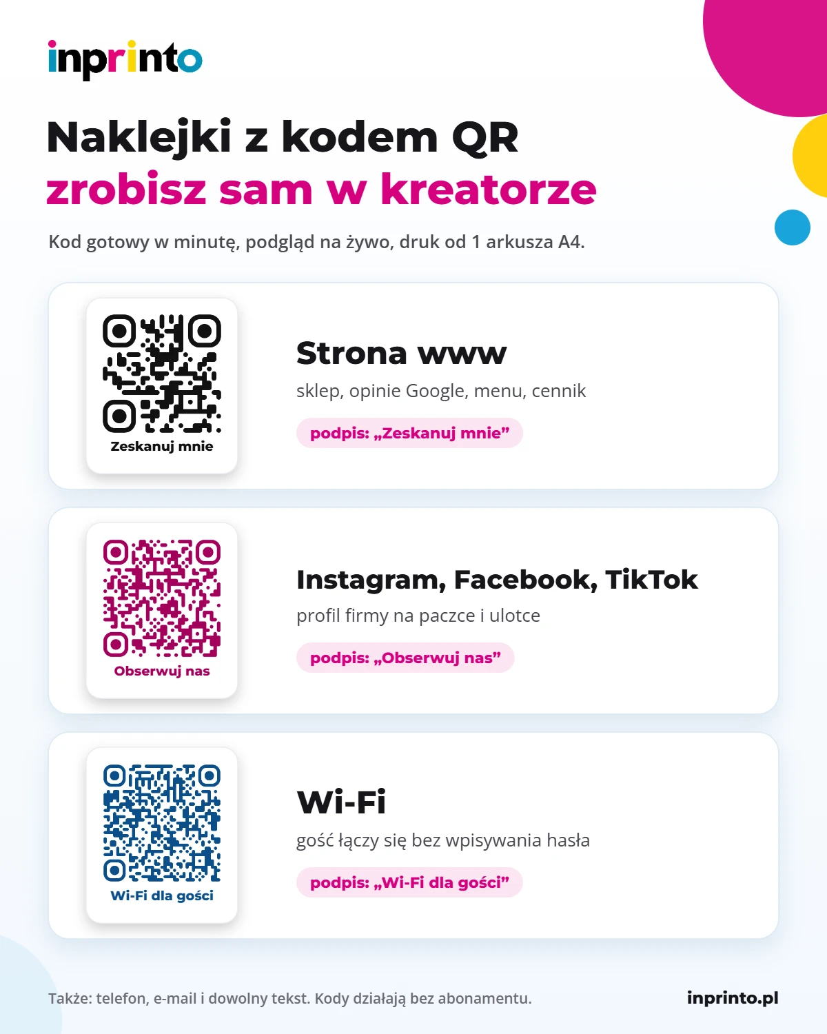 Naklejki z kodem QR InPrinto: kod do strony www, Instagrama i sieci Wi-Fi z podpisem pod kodem